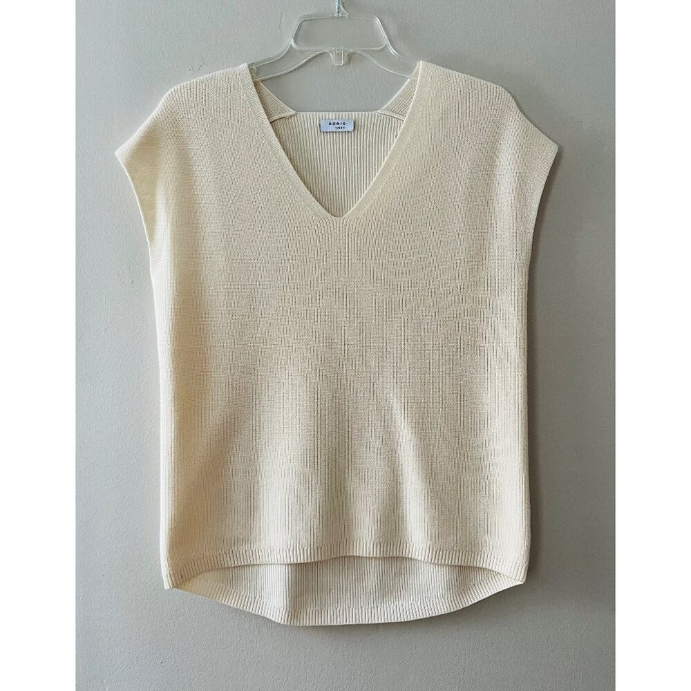AKRIS Sz‎ 6 Beige Wool V Neck Pullover Blouse Stretch Short Sleeve Luxury Shirt